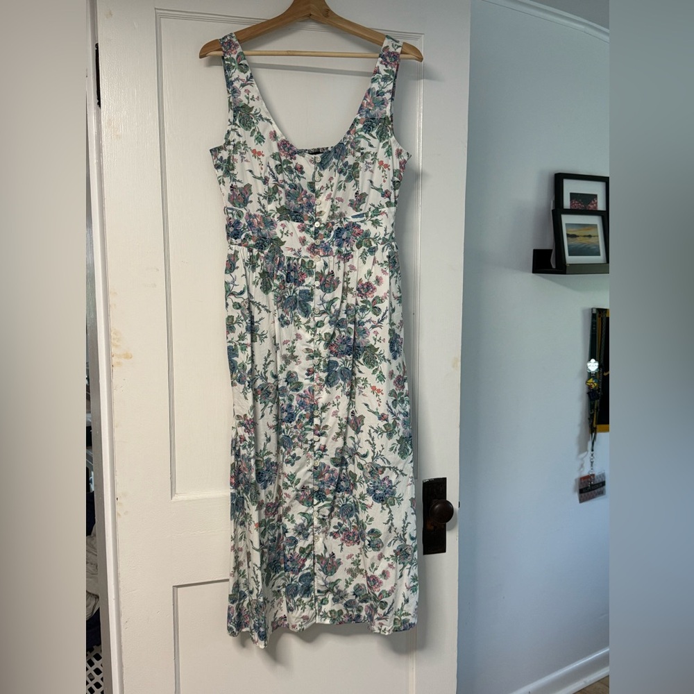J. Crew White Maxi Dress with Blue and Green Floral Print